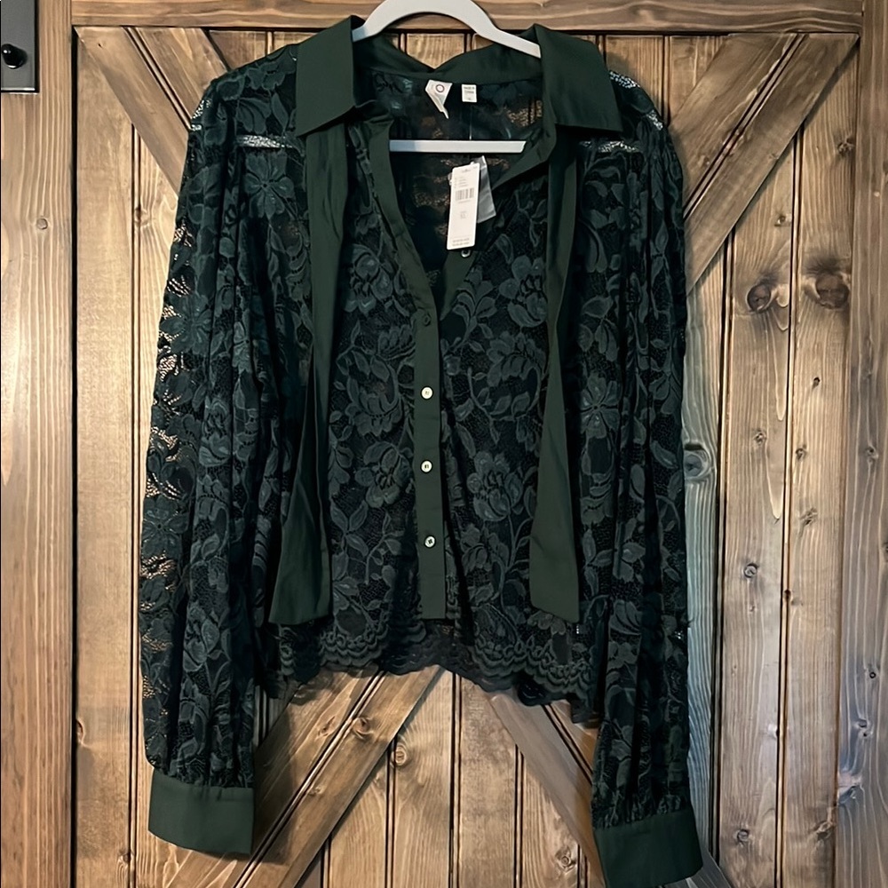 Anthropologie Green Lace Blouse Tie-neck